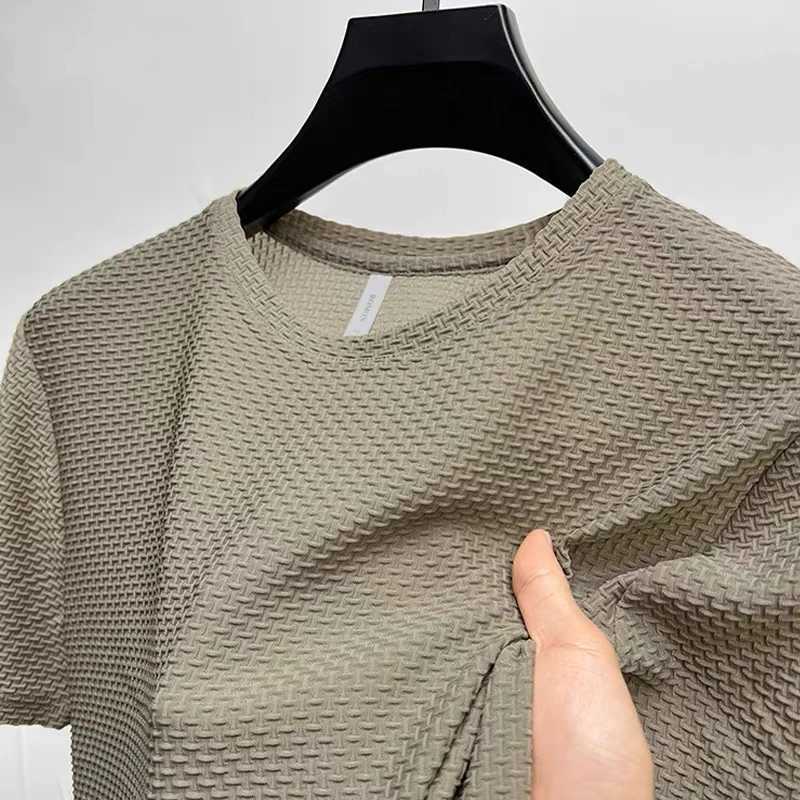 Ice silk bamboo mesh T-shirt mens short sleeved round neck high-end summer thin solid color basic youth fashion polo shirt W250616