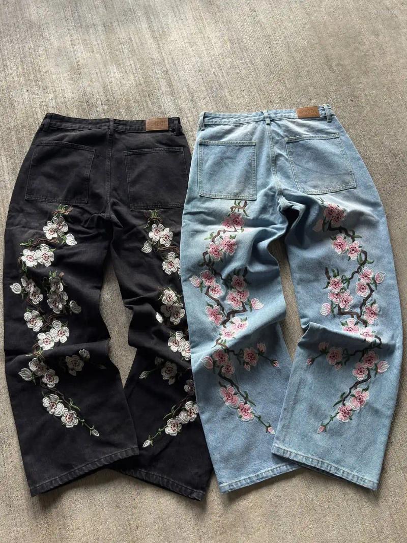 Men's Jeans Streetwear Retro Hip Hop Flower Embroidery Pattern Y2k Men And Women Casual Black Baggy Low Rise Gothic Denim Pants