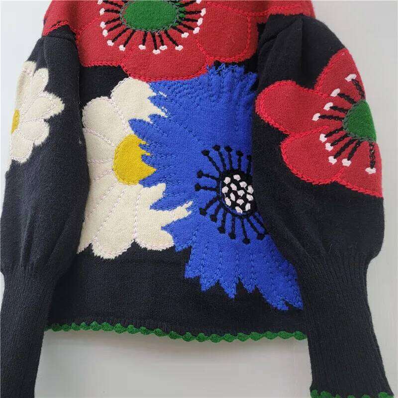 DEAT Women's Cardigan Contrast Color Knitted Flowers O-neck Retro Loose Lantern Sleeve Sweaters 2025 New Summer Fashion 29L9213