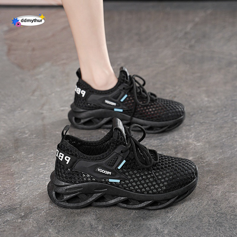 Summer Women's New Breathable Hollow Flyknit Mesh Korean Style Versatile Thick-soled Sports Casual Running Shoes ddmythur