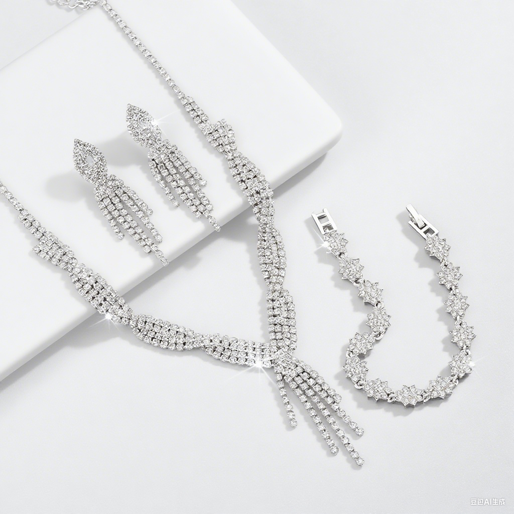 Ensemble de bijoux en strass scintillant, collier + boucles d'oreilles + bracelet, élégant pour offrir la mode quotidienne, fête - accessoire prê