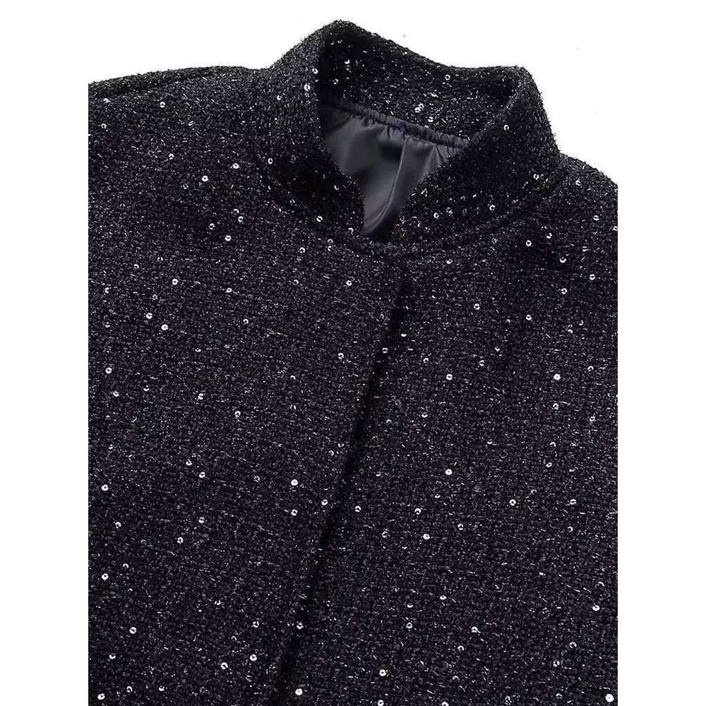 2025 Nlzgmsj Women Shiny Sequin Jacket Gold Color Stand Collar Long Sleeve Short Coat Autumn Winter Ladies High Streetwear