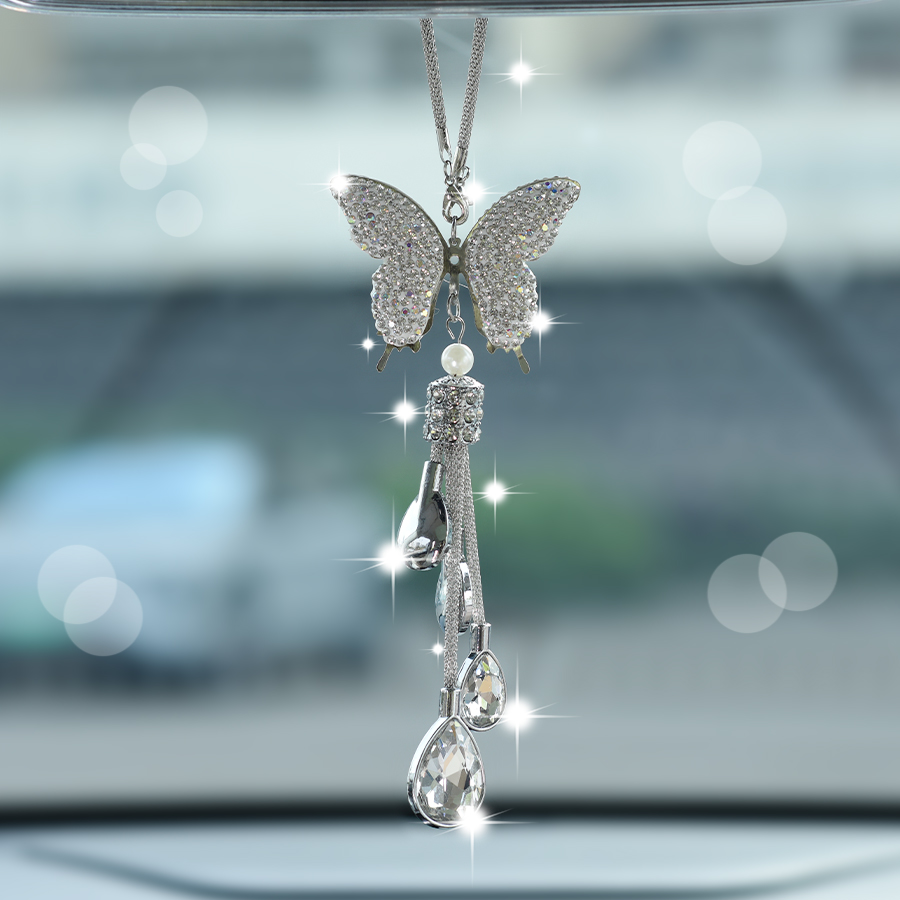 Fashion shiny diamond butterfly gemstone car pendant sequin butterfly rear view mirror decoration charm girls new car birthday graduation souvenir gif