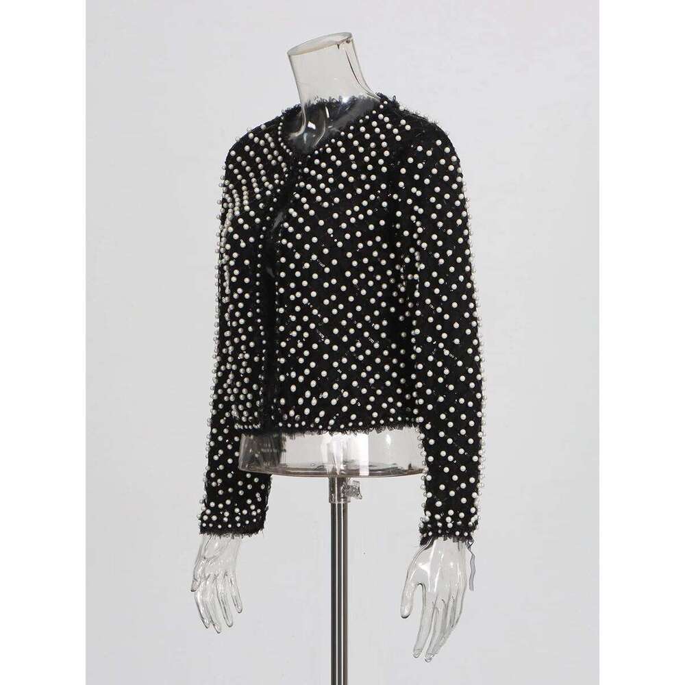 TWOTWINSTYLE Solid Slimming High Street Coat for Women Round Neck Long Sleeves Patchwork Bead Fashion Jackets Female Clothing