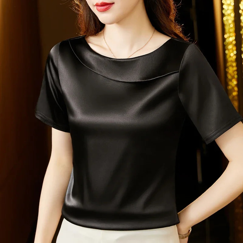 Satin Women Blouse T-shirt Skew Collar Blouses Summer Short Sleeve Womens Tops Solid Elegant Women Clothing OL Shirts for Women 250614