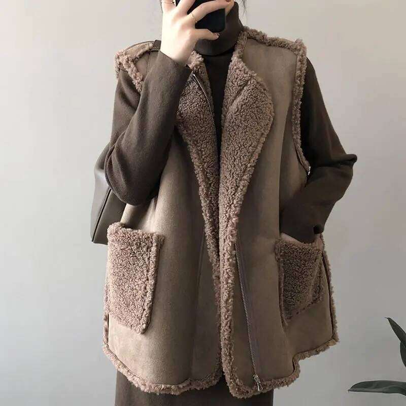 Korean Style Women Faux Lamb Wool Vest Tops Sleeveless Winter Coat Gilet Femme Fashion Brown Jackets Thicken Outerwear