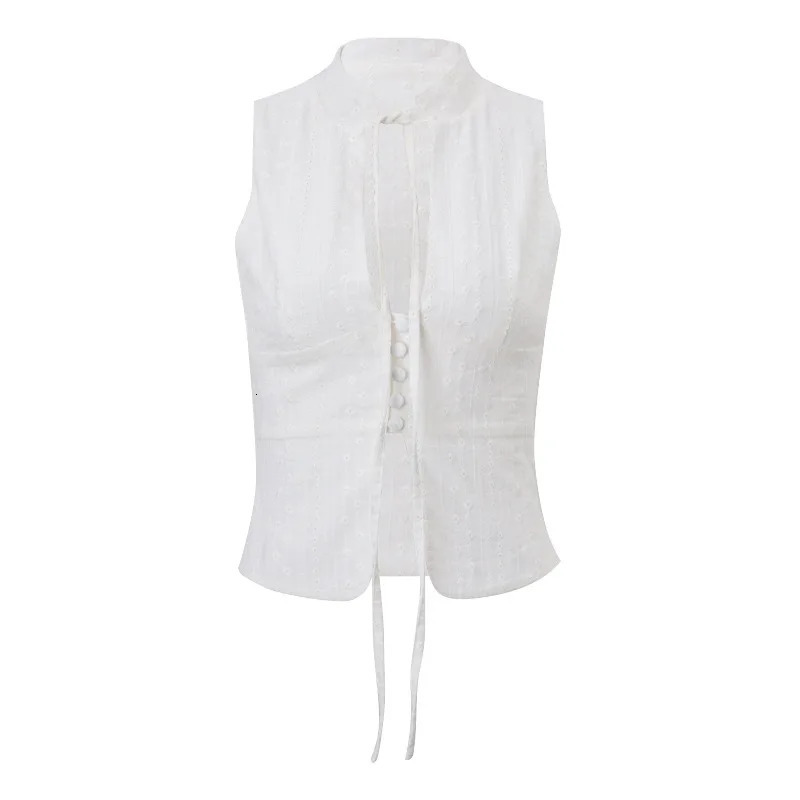 Lamuusaa y2k Tank Top Women Summer Clothes White Flower Embroidery Mock Neck Front Cutout Sleeveless T Shirt Vest Streetwear 250614