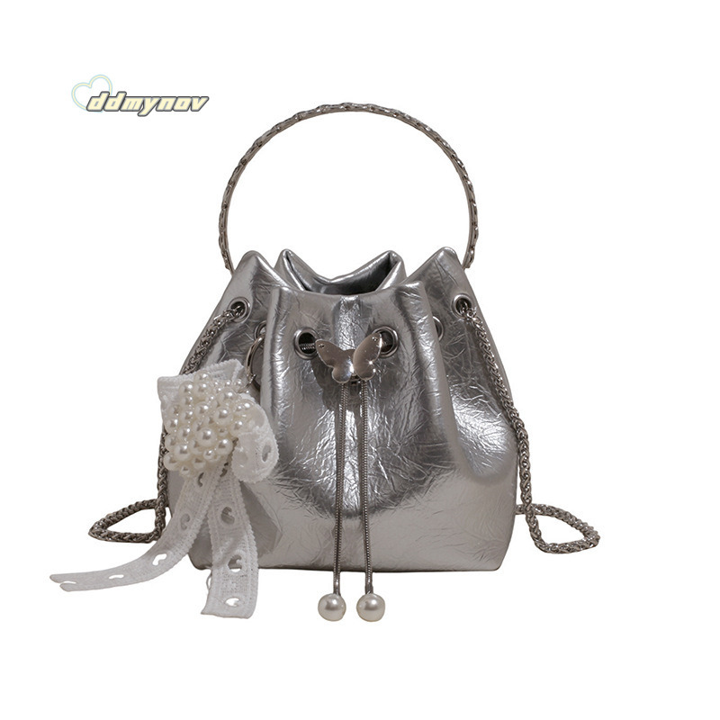 Niche Trendy Design Handheld Bucket for Women Summer Simple Light Luxury Wrinkled Stylish Chain Shoulder Crossbody Bag ddmynov ddmynov ddmynov