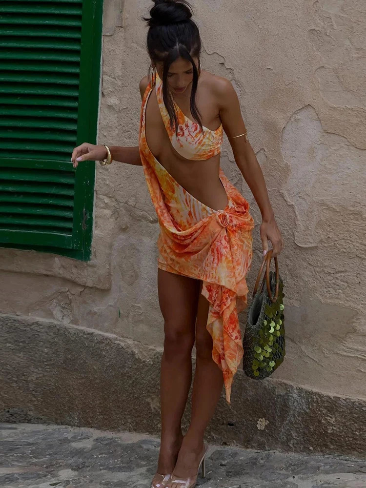 Weird Puss Sexy Irregular Hollow Dress Women Y2K Waistless 3d Flower Bandage Tassel Biased Collar Midnight Summer Trend Bodycons 250612