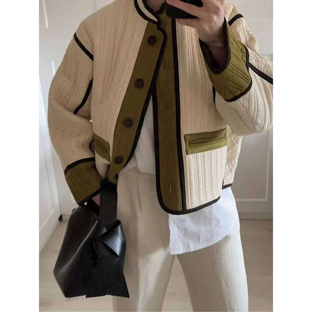 TARUXY Fashion Contrast Cotton Coat Women Single Breasted Splice Quilted Thermal Jacket Pocket Autumn Lady Casual Outwear