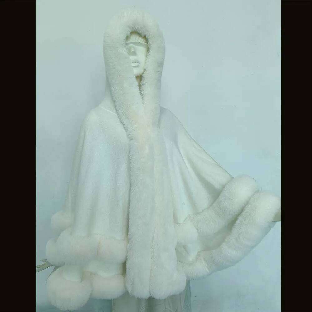 Double Layer Imitated Rex Rabbit Cape Coat Hooded Shawl Winter Women Knit Poncho Overcoat Faux Fur Wraps Big