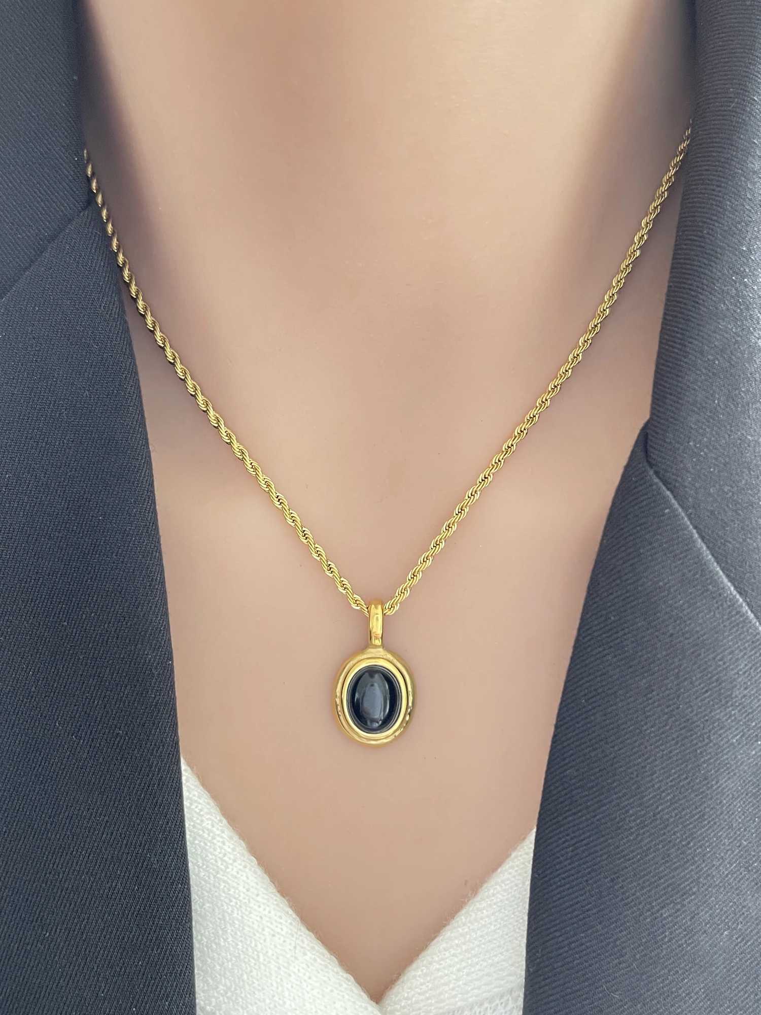 GHIDBK Stainless Steel 18K Gold PVD Plated Black White Gem Stone Oval Pendant on Twist Rope Chain Necklace Stacking Jewelry W250616