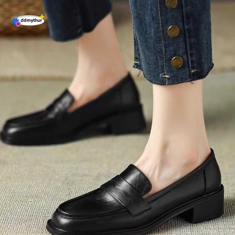 Genuine Loafers for Women 2025 New Spring and Autumn Thick British Style Small Leather Versatile Soft Sole Slip-On Single Shoes ddmythur
