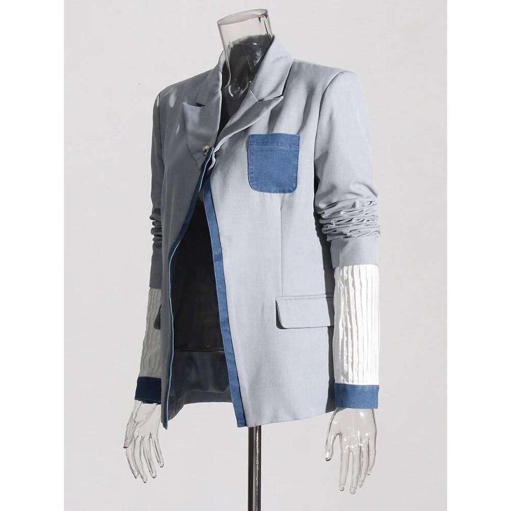ROMISS Streetwear Colorblock Blazers For Women Notched Collar Long Sleeve Patchwork Denim Casual Temperament Blazer Female New