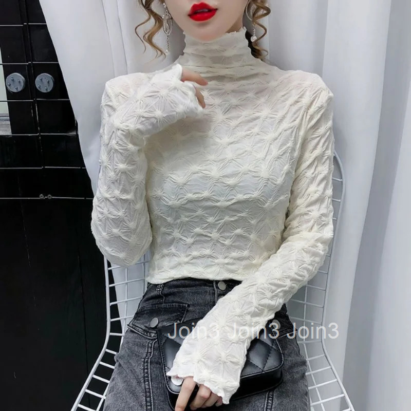 T Shirts Female Autumn Clothes Lace Tees Elegant Top for Women Long Sleeve Pulovers Glitter Loose Cheap 90s Turtleneck Art White
