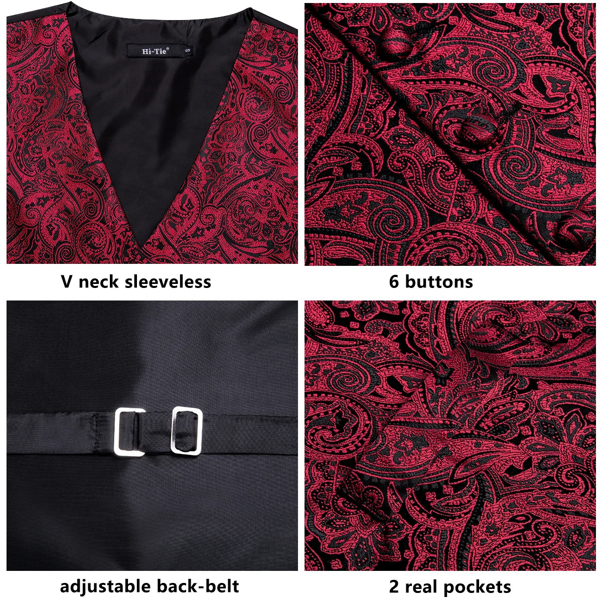 Hi-Tie 4PC Silk Mens Vest With Tie Hanky Cufflink Business Formal Dress Slim Sleeveless Jacket Burgundy Paisley Suit Waistcoat 250614