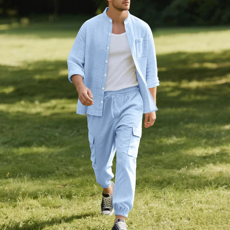 Spring and Summer Mens Linen Button Long Sleeved Shirt Pants Set Fashionable Casual Breathable Quick Drying 2Pie 250612
