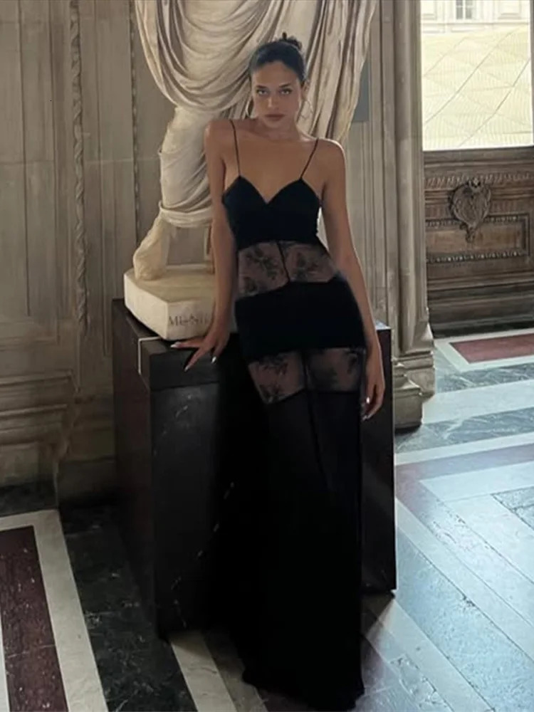 Sexy Lace Vneck Sling Long Dress Women Retro Black Perspective Sleeveless Patchwork Maxi Dresses Female Chic Street Party 250611