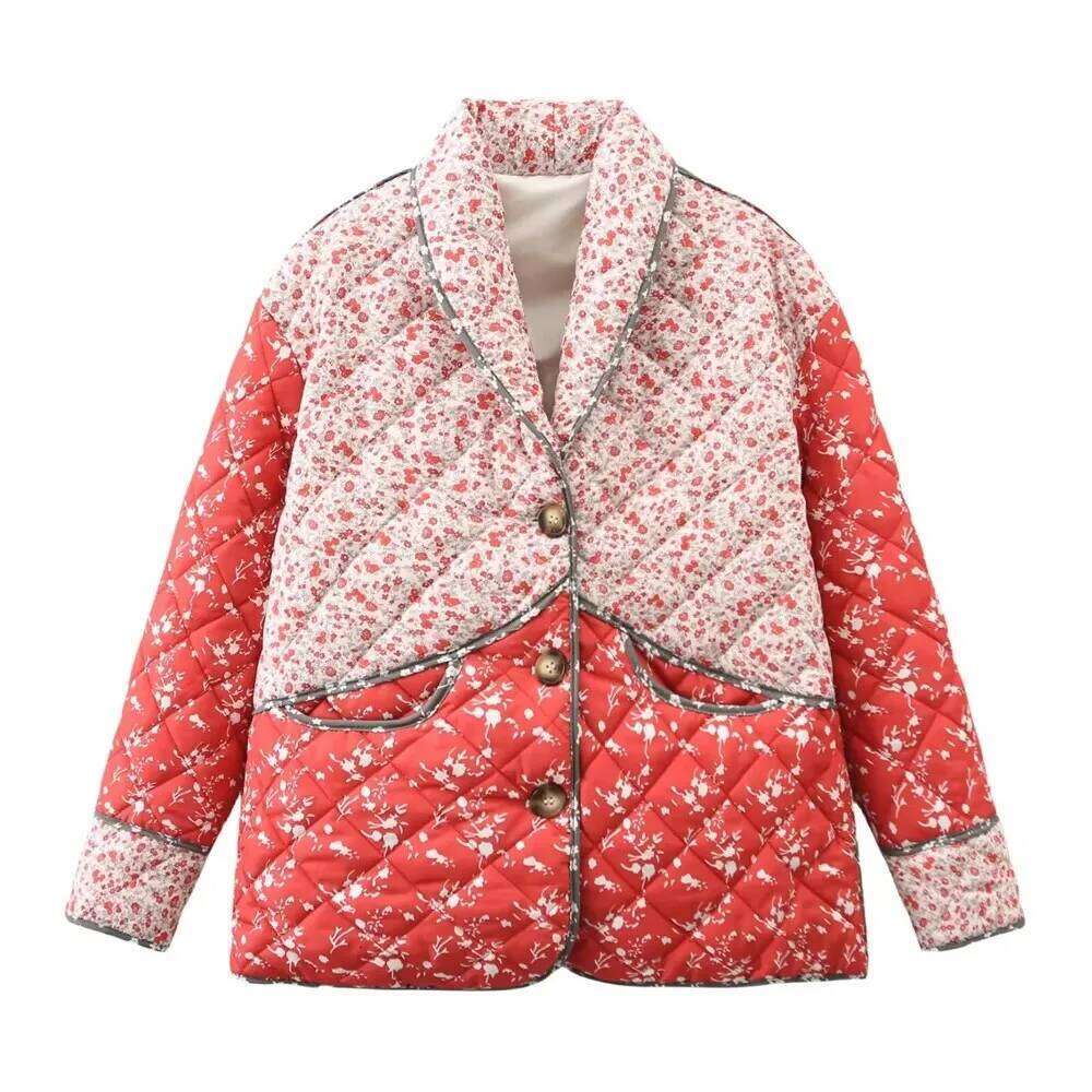 2024 Autumn New Product Women's Temperament Slimming Patchwork Printed Collar Long Sleeve Floral Cotton Jacket