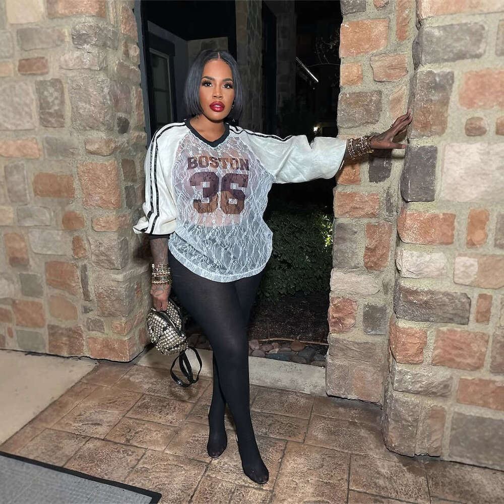 New Fashion Loose Casual Patchwork Color Block Letter Embroidery Hollow Out Short Sleeve V-Neck Top T-Shirt For Women B5