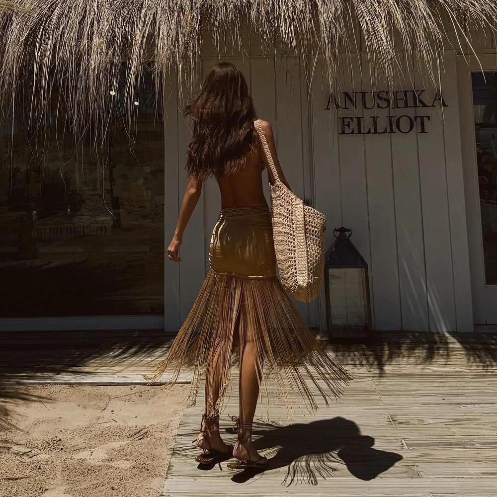 3Pcs Push Up Bikini With Tassels Skirt Sexy Women Swimsuit Female Swimwear Gloden Swim Suits Cut Out Biquini Bodysuit Beachwear 250614