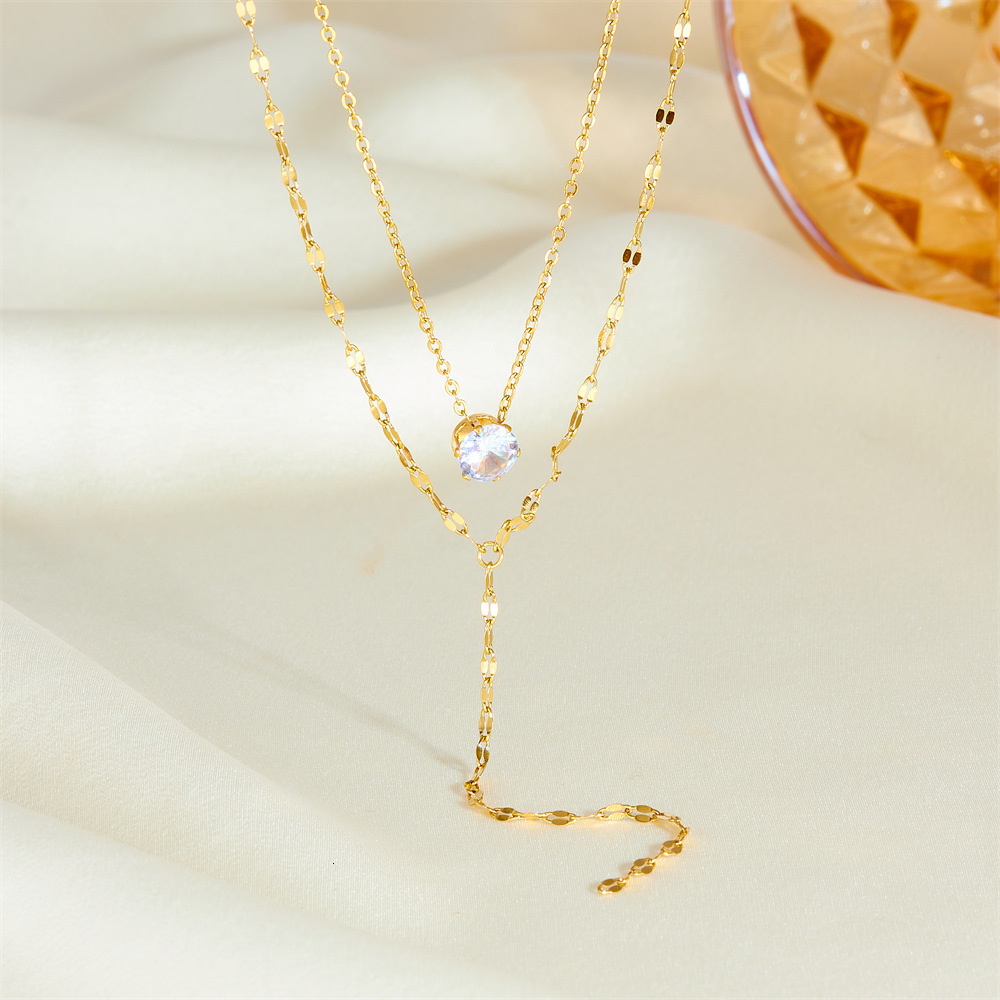 Fashionable Light Simple Elegant Six-Prong Zircon Double Layer Stacked Necklace for Women Titanium Steel Non-Fading Jewelry