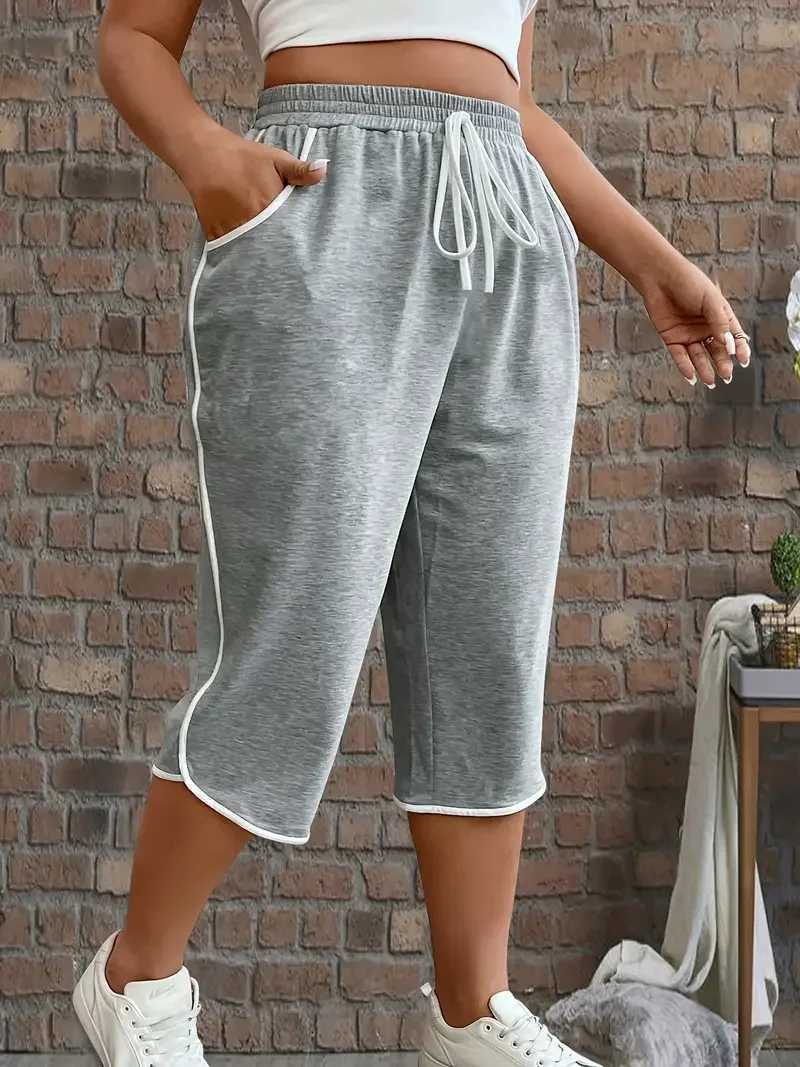 Plus Size Womens Drstring Elastic Waist Capri Pants - Athletic Casual 3/4 Length Sport Pants with Comfort FitXJ250616