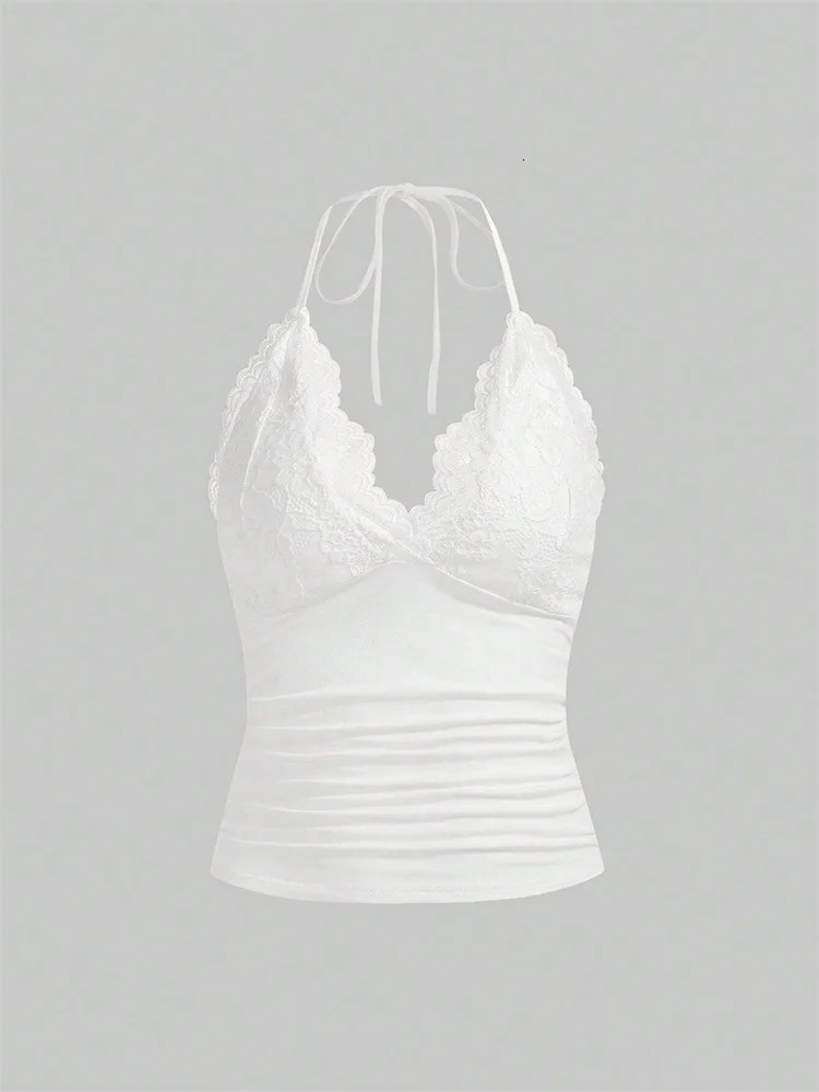 Lace V-neck Halter Top Women Summer Sexy Grunge Punk Goth Backless Ruched Crop Top Cami Top Streetwear Y2K Clothes 250614