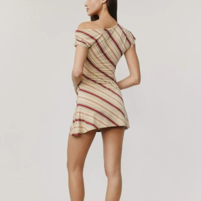 European and American style elastic slimfit oblique shoulder asymmetrical striped dress 250611
