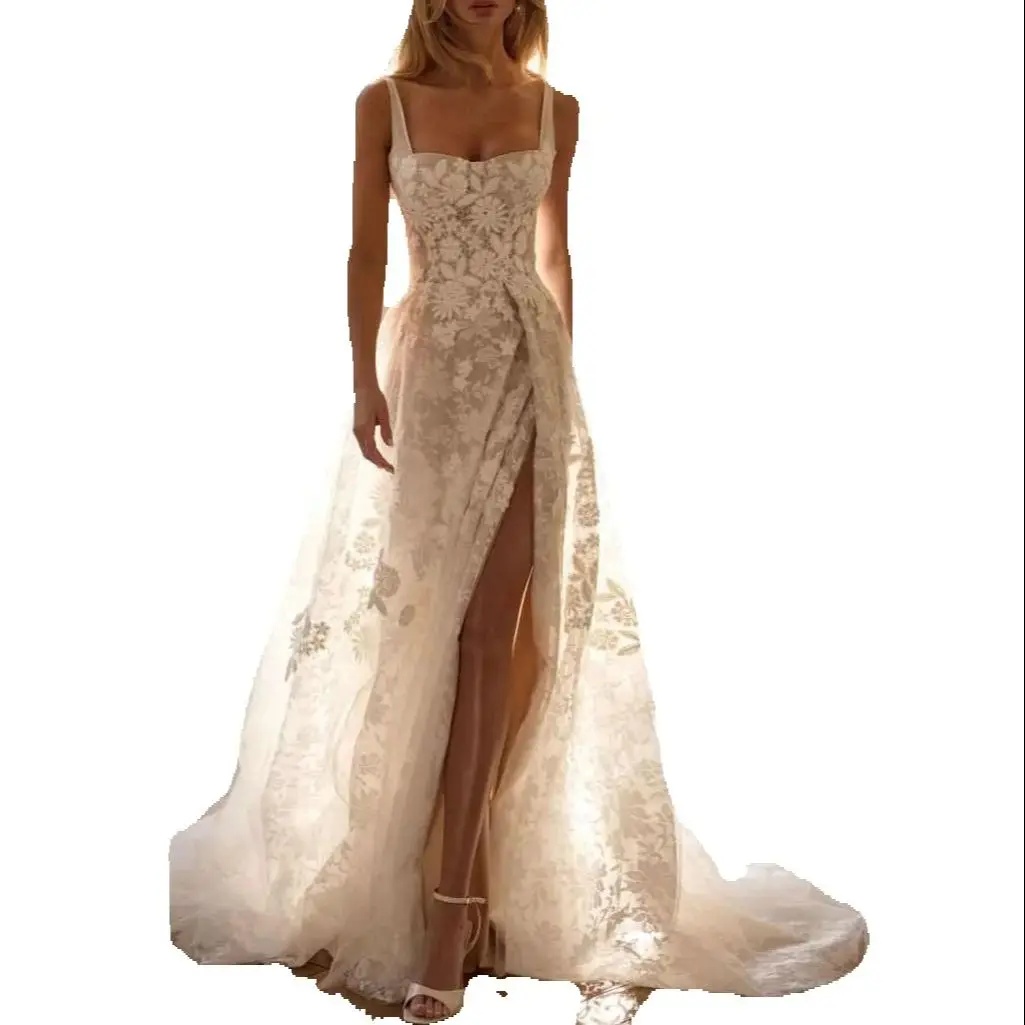 Simple Square Neck A Line Wedding Dresses Women High Side Split Elegant Sleeveless Bride Dresses Floor Length Bridal Gown