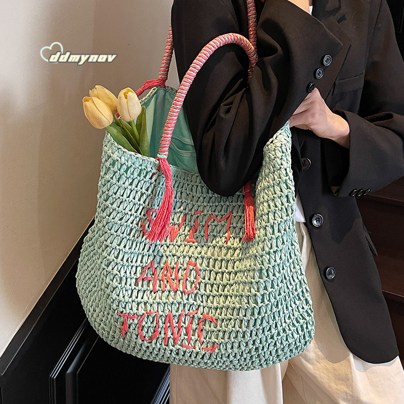 Summer Beach Vacation Fresh Mint Green Straw Ins Style Large Capacity Mori Literary Shoulder Bag ddmynov