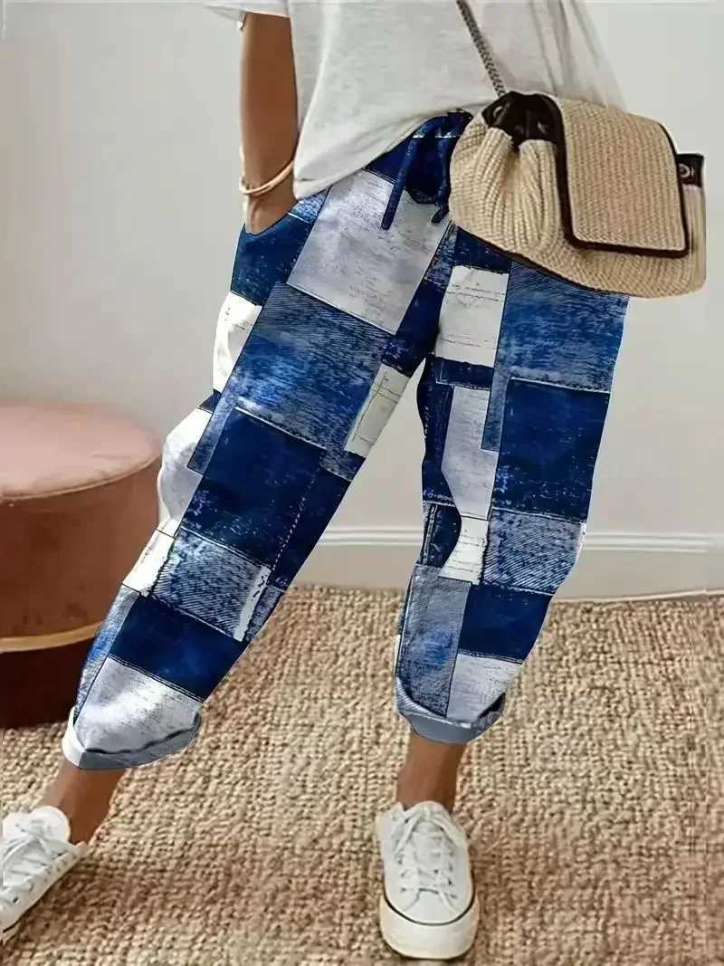 Womens Fashion Summer Plus Size 1XL-5XL Floral Print Straight Elastic Drstring Pocket Pants Ladise Casual Versatile PantsXJ250616