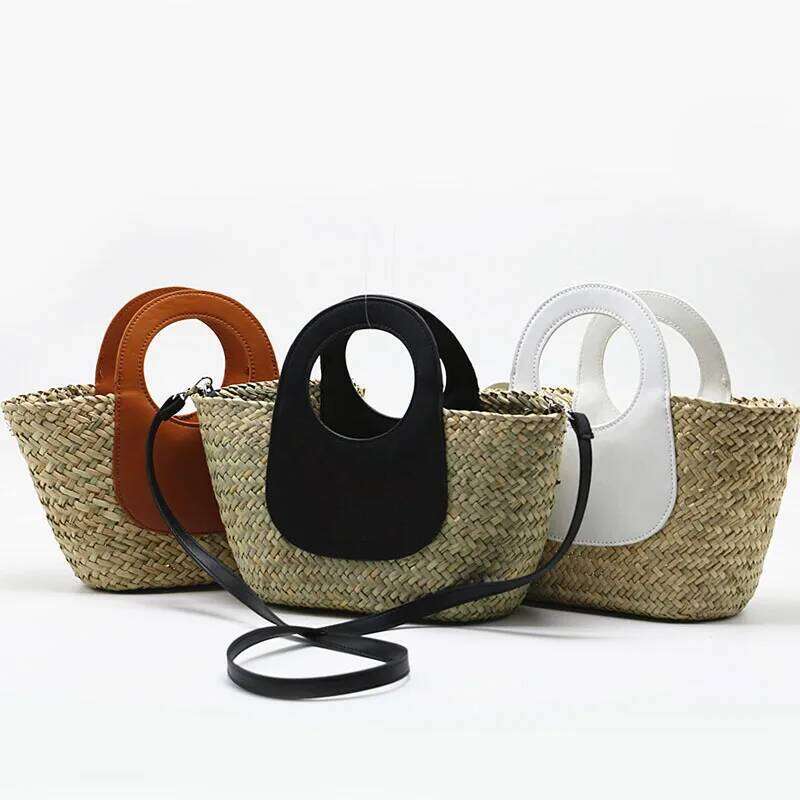 New Waterweed Portable One Shoulder Crossbody Fashion Straw Bag White Black Camel