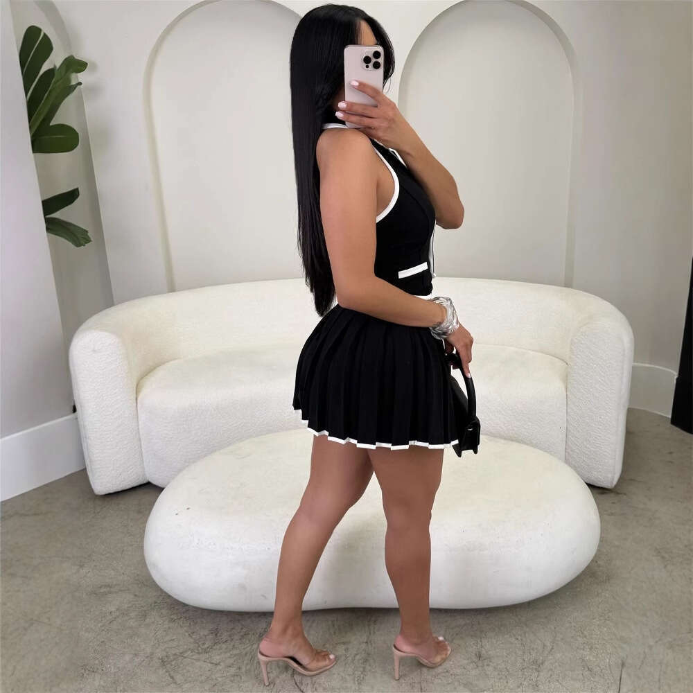 New Fashion College Style Professional Slim Sexy Turn-Down Collar Vest Top Pleated Short Skirt Set For Women B5