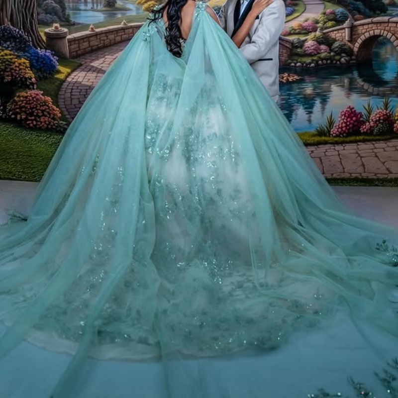 Mint Green Quinceanera Dresses Ball Gown Off The Shoulder Applique Flower Beading Crystal With Cape Tull Sweet 16 Dress Vestidos 15 Anos
