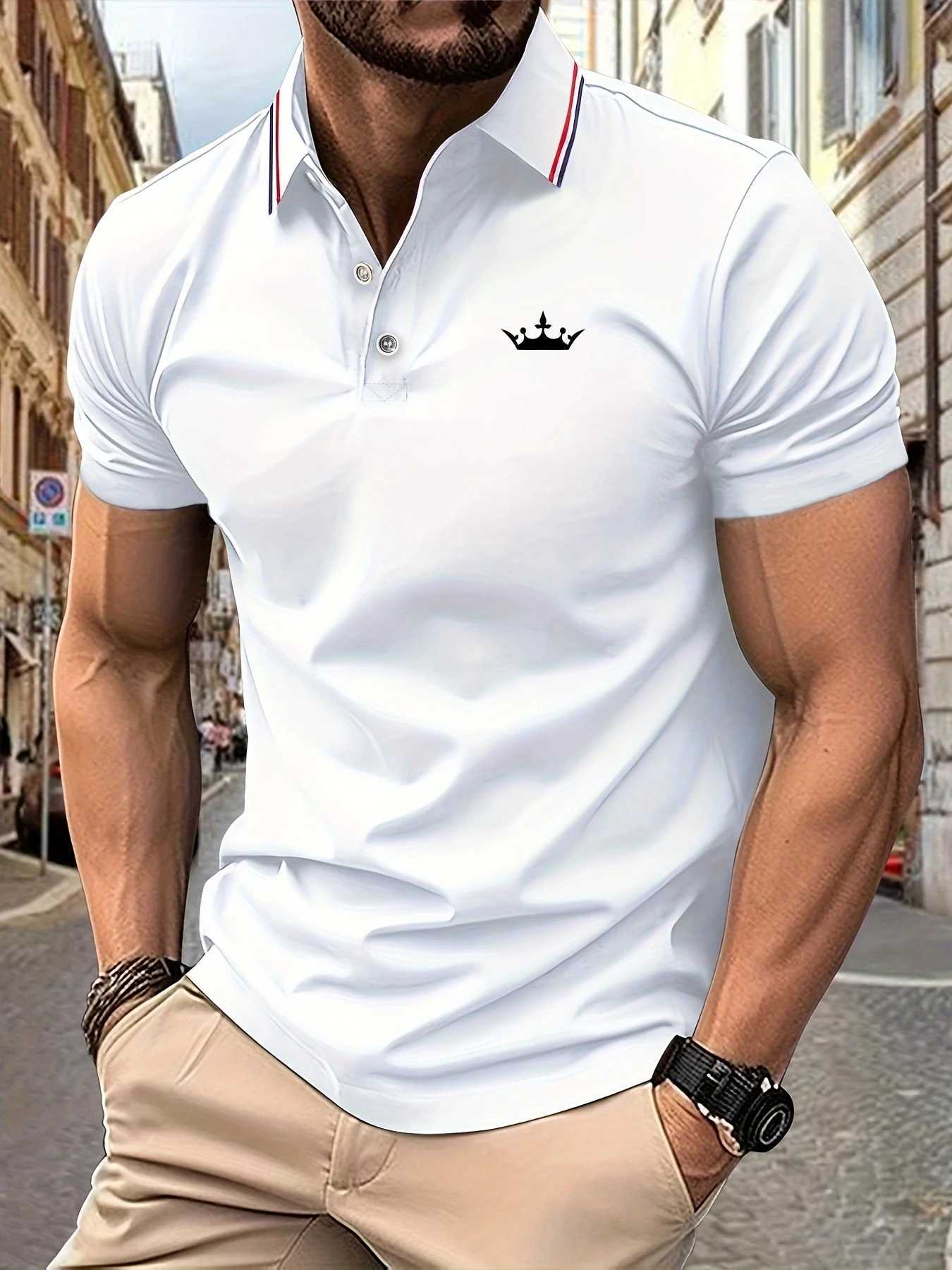 2025 New Mens Polo Shirt Crown Pattern Print Summer Lapel Stripes Men Short Sleeve Casual Breathable Light Luxury T-Shirt W250616