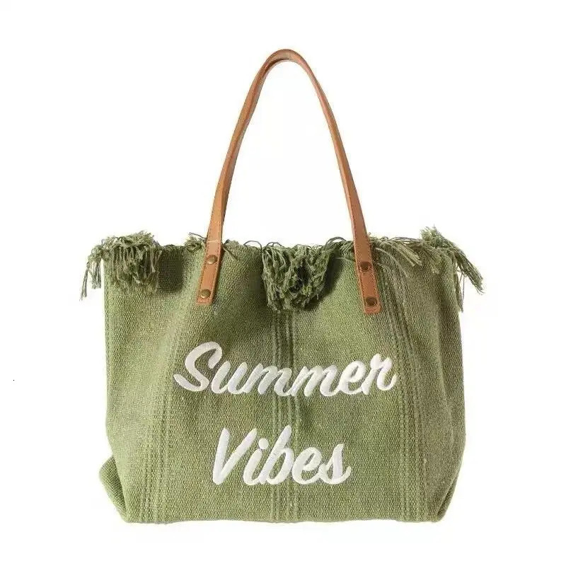 2025 New Fashion Woven Canvas Beach Tassel Embroidery Letters Womens Large Capacity Tote Hand Magnetic Snap Single-shoulder Bag R250616
