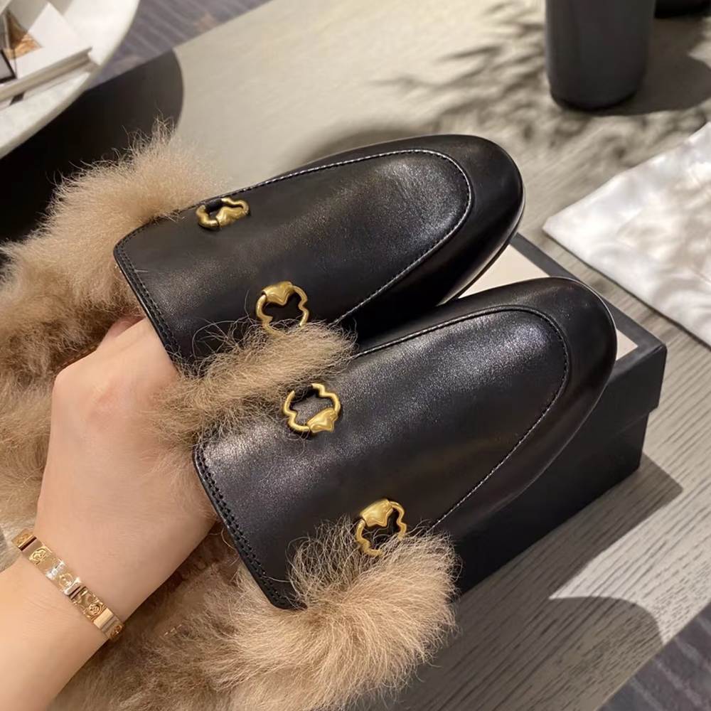 Designer dress shoes for women loafers slip on embroidery luxury mules ladies sandals fur slippers leather woman flats black