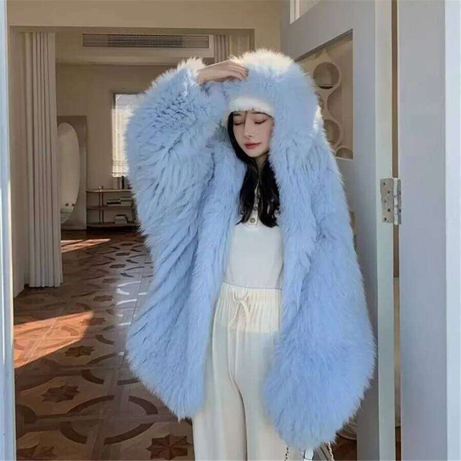 Blue Winter Warm Faux Fur Coat Women Bat Sleeve Thick Plush Fluffy Jacket Ladies Lazy Loose Hooded Outwear Clothing 2023