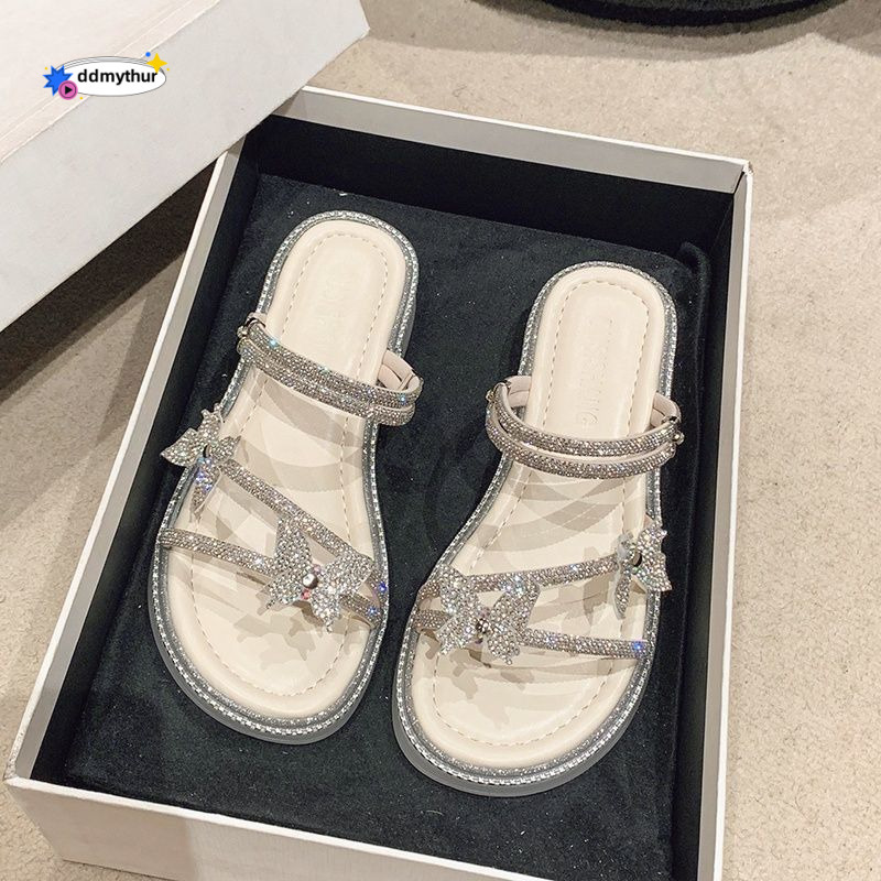Rhinestone Decorated One-Strap Sandals French 2024 Summer New Outdoor Beach Two-Way Fairy Style Slippers Butterfly Trend ddmythur