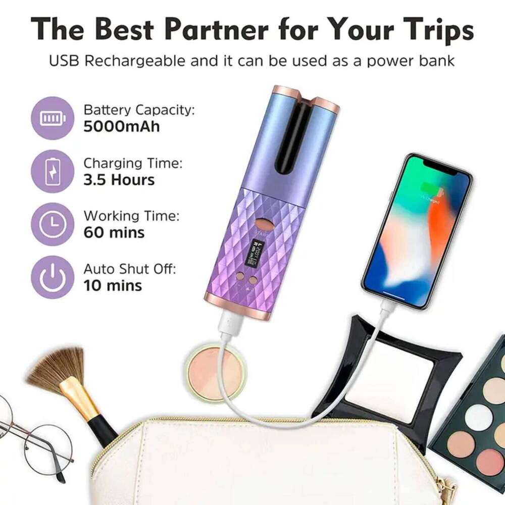 Ceramic Cordless Automatic Hair Iron with 6 Temperature and Timer Settings for Fast, Portable Rechargeable Auto Curling