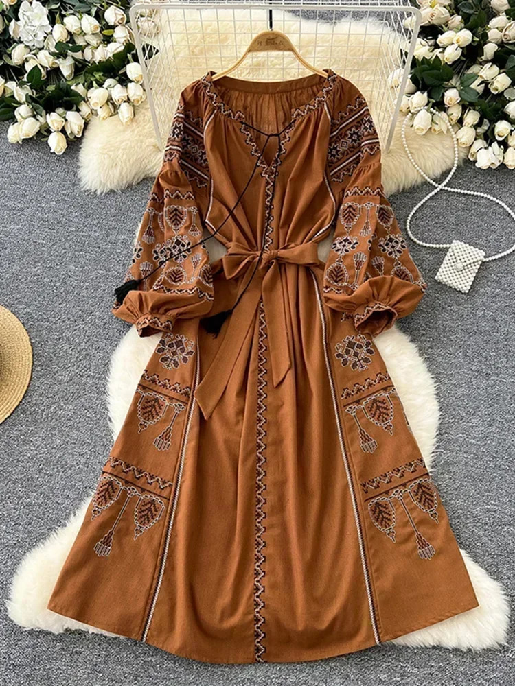 Bohemian Retro Ethnic Style Dress Womens Spring Autumn Embroidered Lace Up Lantern Sleeves Waist Cinching Long Dress A155 250609