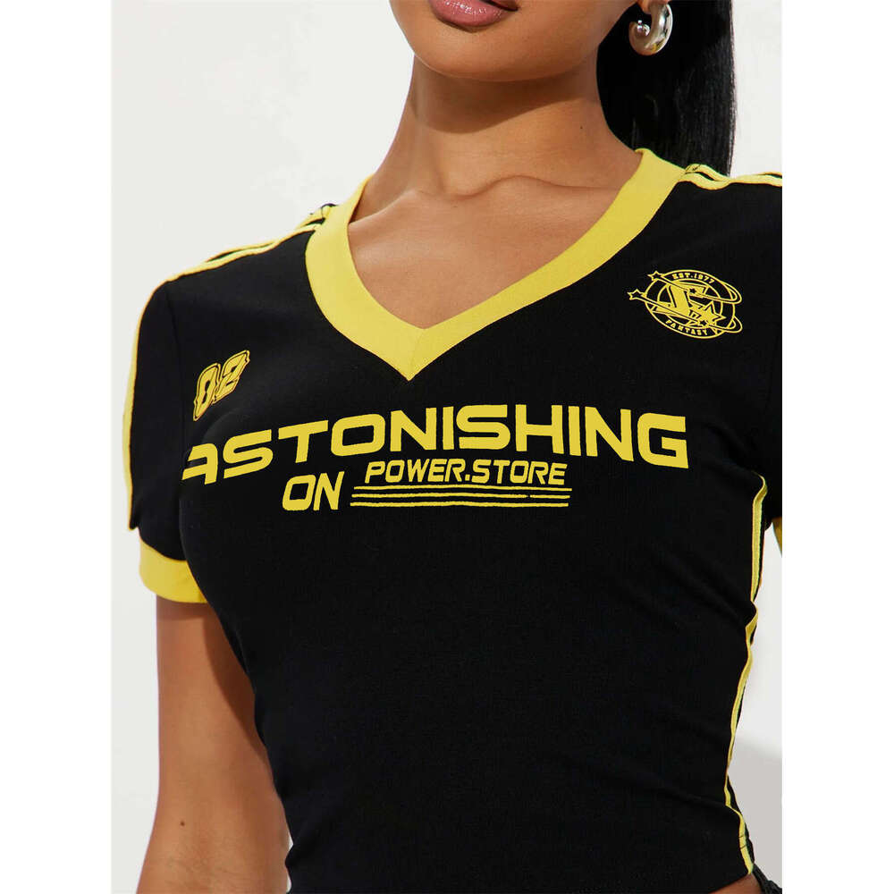 Autumn New Fashion Sports V-Neck Color Block Print Top Short Sleeve T-Shirt For Women B5