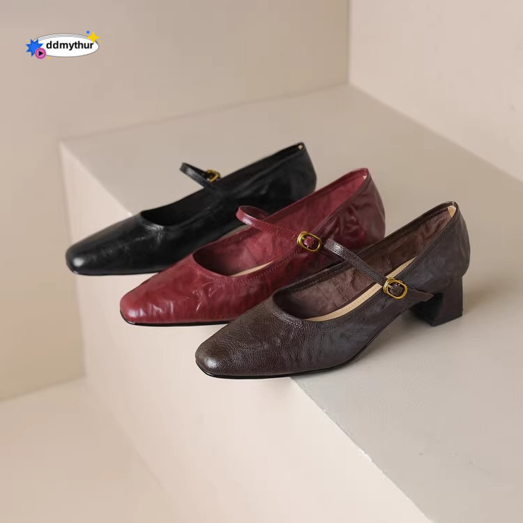 Slimming Square Toe Genuine Shallow Mouth Single for Women, Chunky Heel French Mary Jane Shoes, Burgundy Mid-Heel Leather Shoes ddmythur