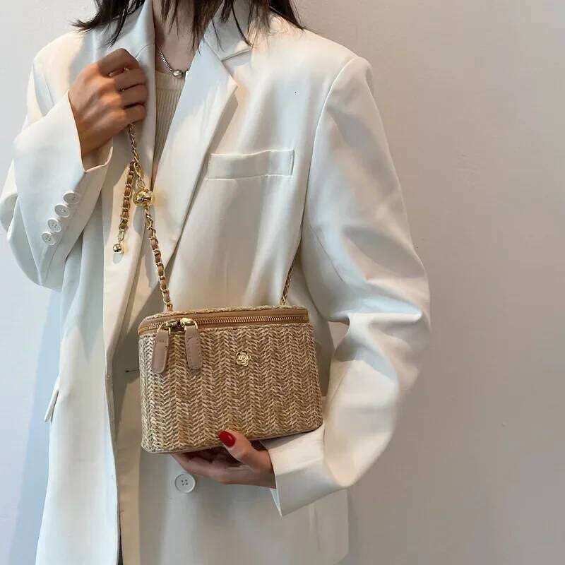 Simple Box Shoulder Straw Woven Handbag Bohemian Beach One-Shoulder Diagonal Bag 4 Colors Purses And Handbags