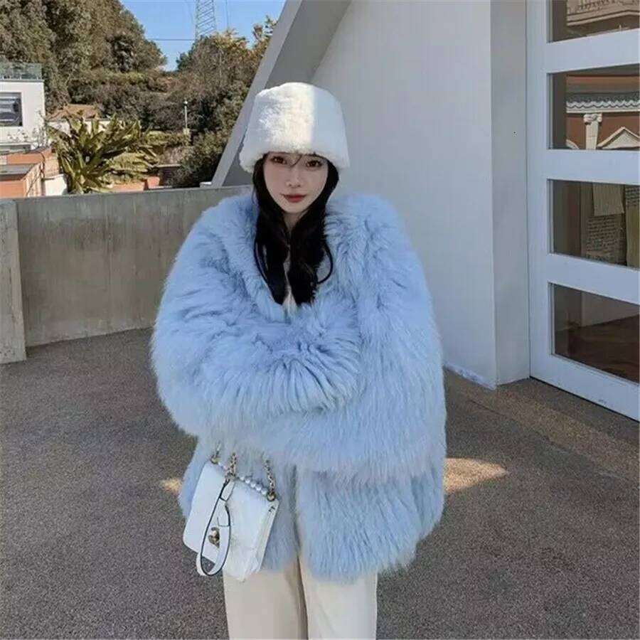 Blue Winter Warm Faux Fur Coat Women Bat Sleeve Thick Plush Fluffy Jacket Ladies Lazy Loose Hooded Outwear Clothing 2023