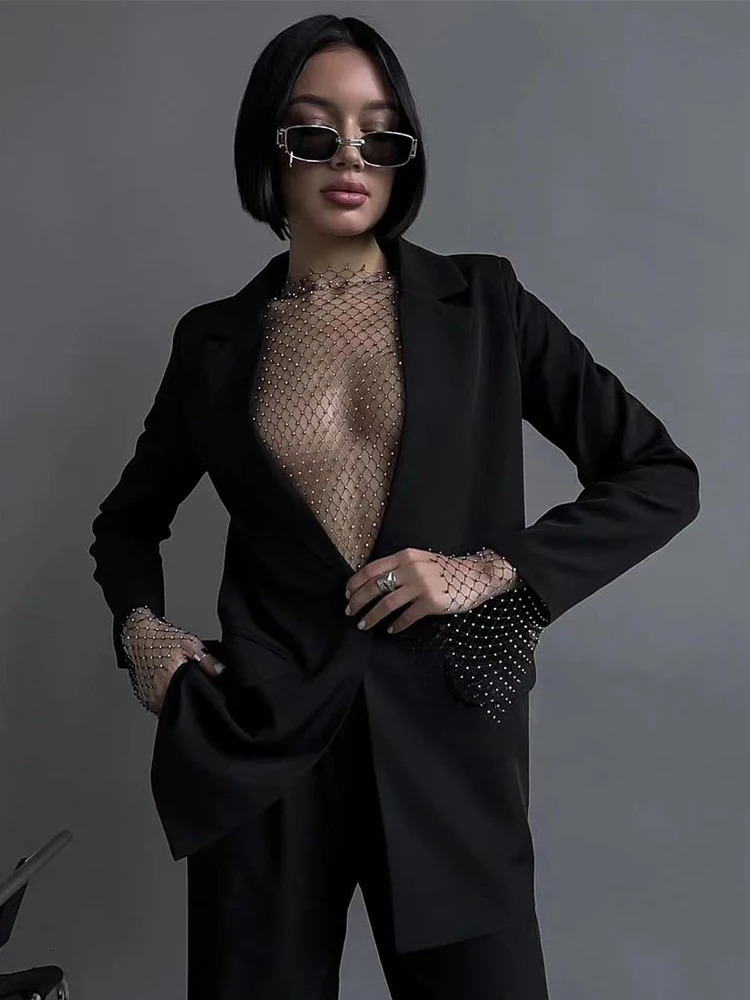 Sexy See Through Mesh T Shirt Glitter Rhinestone Fishnet Hollow Out Long Sleeve Crop Top Women Rave Party Club Base Shirt Tops 250614