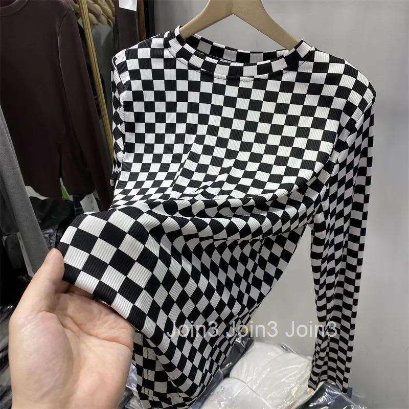 Plaid Clothing Long Sleeve T-shirt Woman Loose Womens Top Luxury New In Young On Sale Tees Offe Aesthetic Polyester O Pulovers