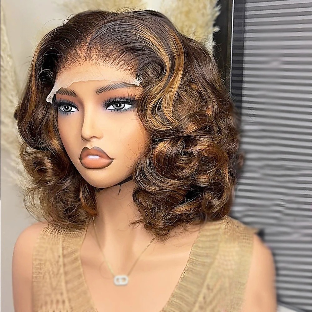 Ombre Blonde Short Bob Glueless Human Hair Wigs 13x4 Transparent Lace Frontal Wigs Brown Loose Deep Wave Bob For Women Synthetic