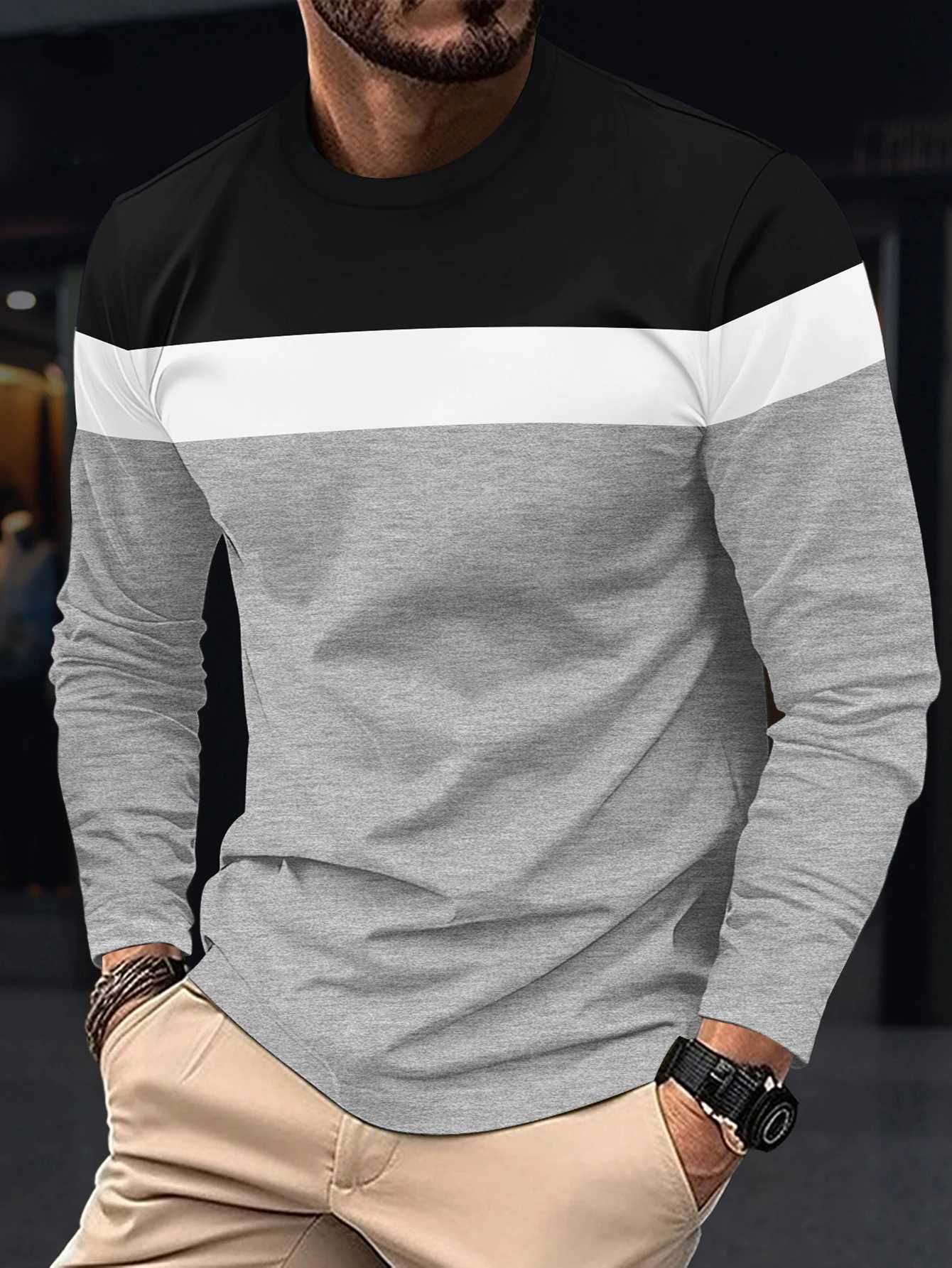 Spring Autumn Fashion Mens Long Sleeve Round Neck Splicing T-shirt Business Anti Wrinkle Street Wear Casual Sport Top Male W250616